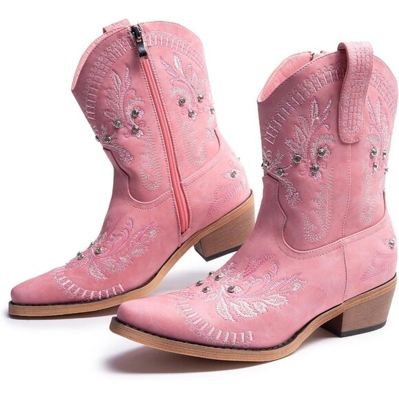 Shoes - 🆕Women Pink Cowgirl with Sparkly Embroidered Rhinestone Western Ankle Boot